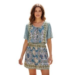 Angie Dress Multicolor Boho Floral Button Front Tie Neck - Blue, Gold -   Small